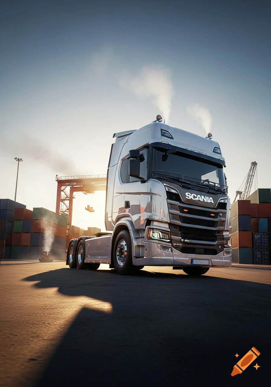 Photorealistic image of a silver Scania semi-truck parked in a sunny shipping port with containers and cranes.