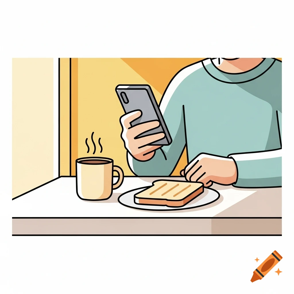An illustration of a person in a light blue shirt sitting at a table with coffee and toast, looking at their mobile phone.