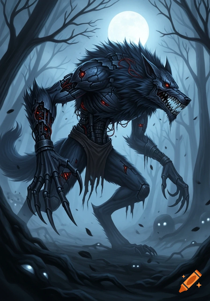 A digital art illustration of a menacing robotic werewolf with glowing red eyes and exposed wires, standing in a dark, moonlit forest.