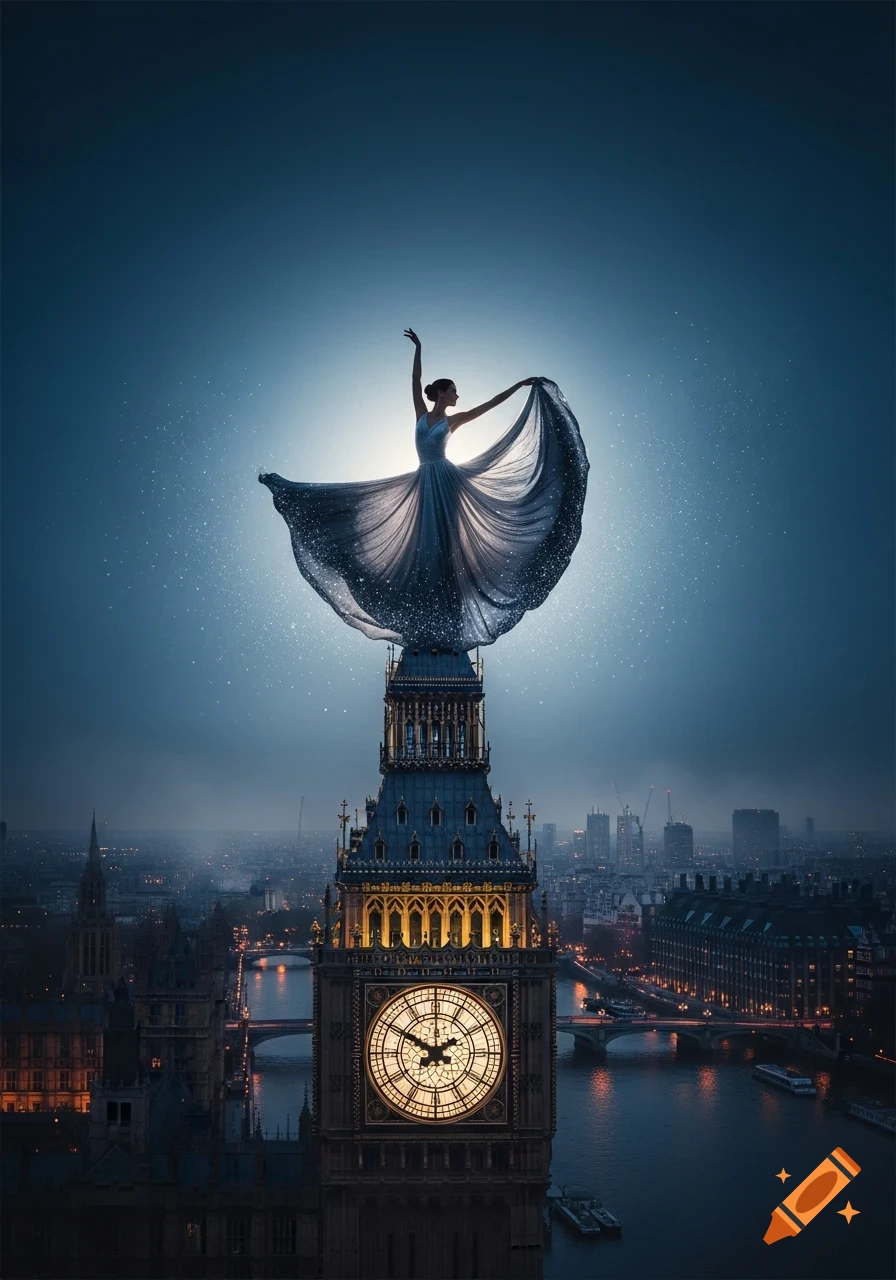 A graceful dancer in a flowing gown poses on Big Ben at night, illuminated by a glowing sky over a city with sparkling lights.