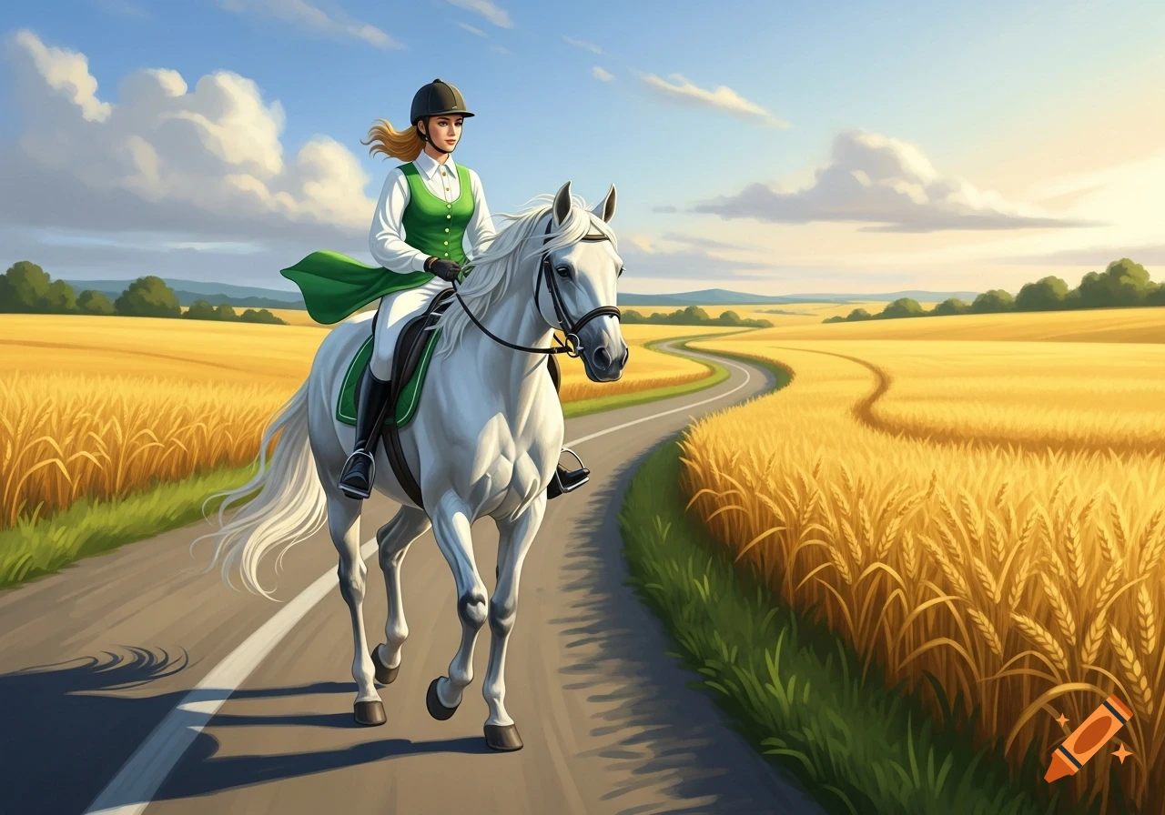 An illustrated woman in green rides a white horse on a winding road through golden wheat fields under a blue sky.