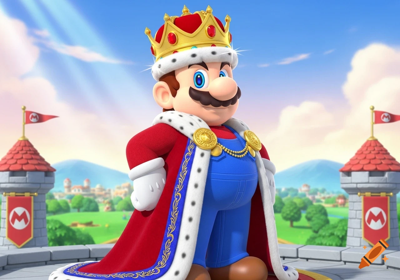 Mario dressed as a king, wearing a red and white cape and crown, standing on a castle rampart with 'M' flags.