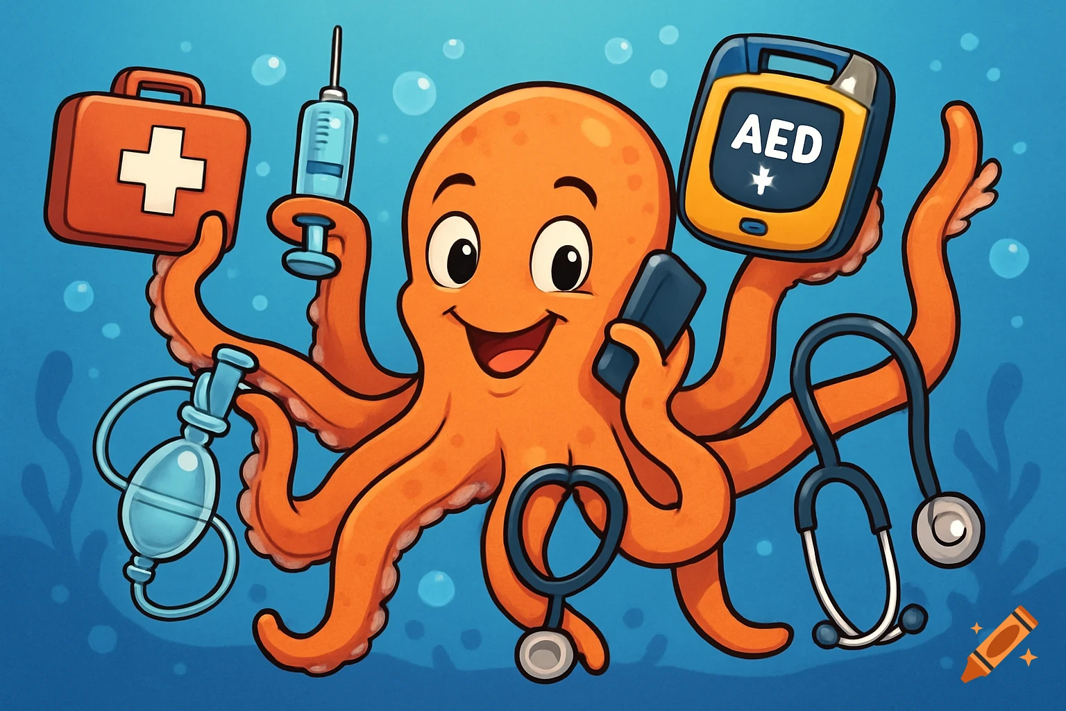 A happy cartoon orange octopus holds a first aid kit, syringe, bag valve mask, AED, stethoscope, and cell phone underwater.