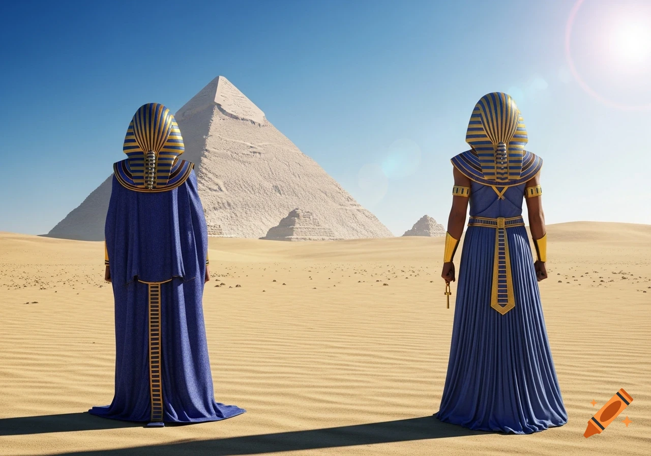 Two figures in ancient Egyptian pharaonic attire stand in a desert, facing pyramids under a bright sky.