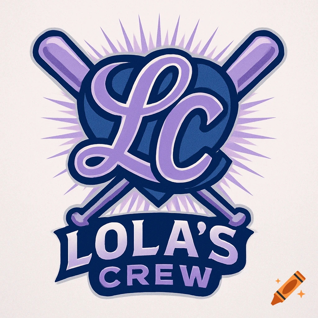 Purple and blue baseball team logo with crossed bats, a heart, and 'Lola's Crew' and 'LC' text.