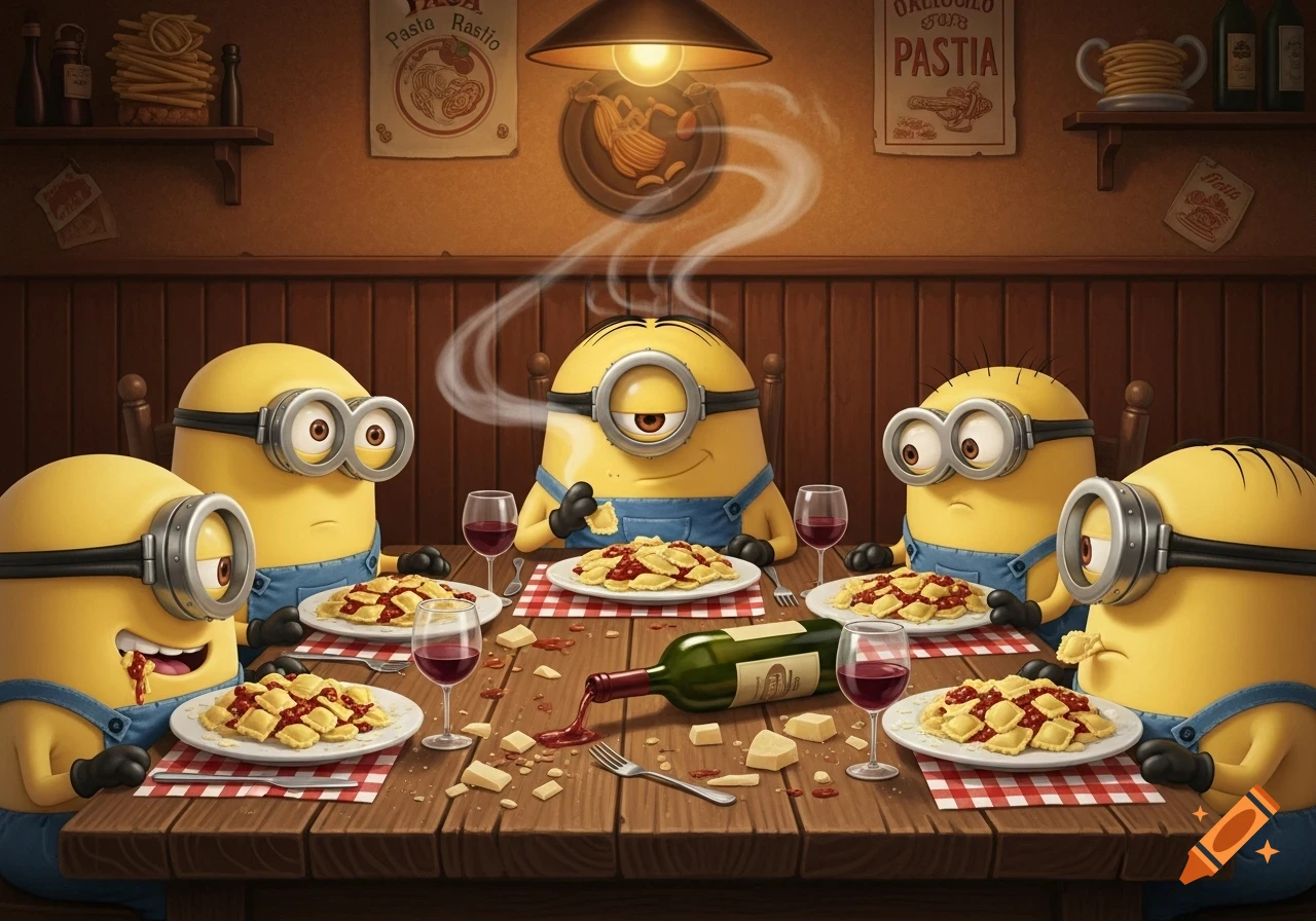 Five cartoon minions feast on ravioli and red wine at a rustic table, with one smoking and another with a saucy face.