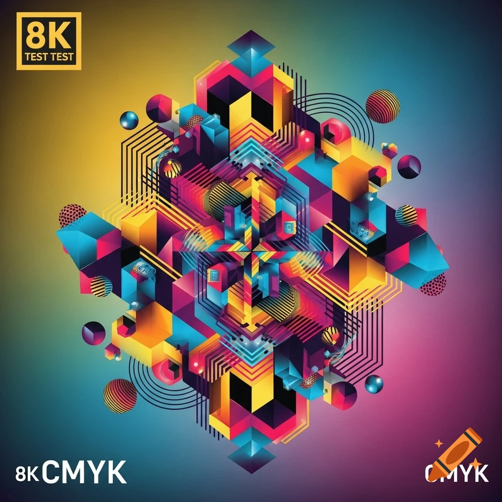 An abstract, colorful geometric pattern composed of interlocking cubes, hexagons, and spheres, with text '8K TEST TEST', '8k CMYK', and 'CMYK'.