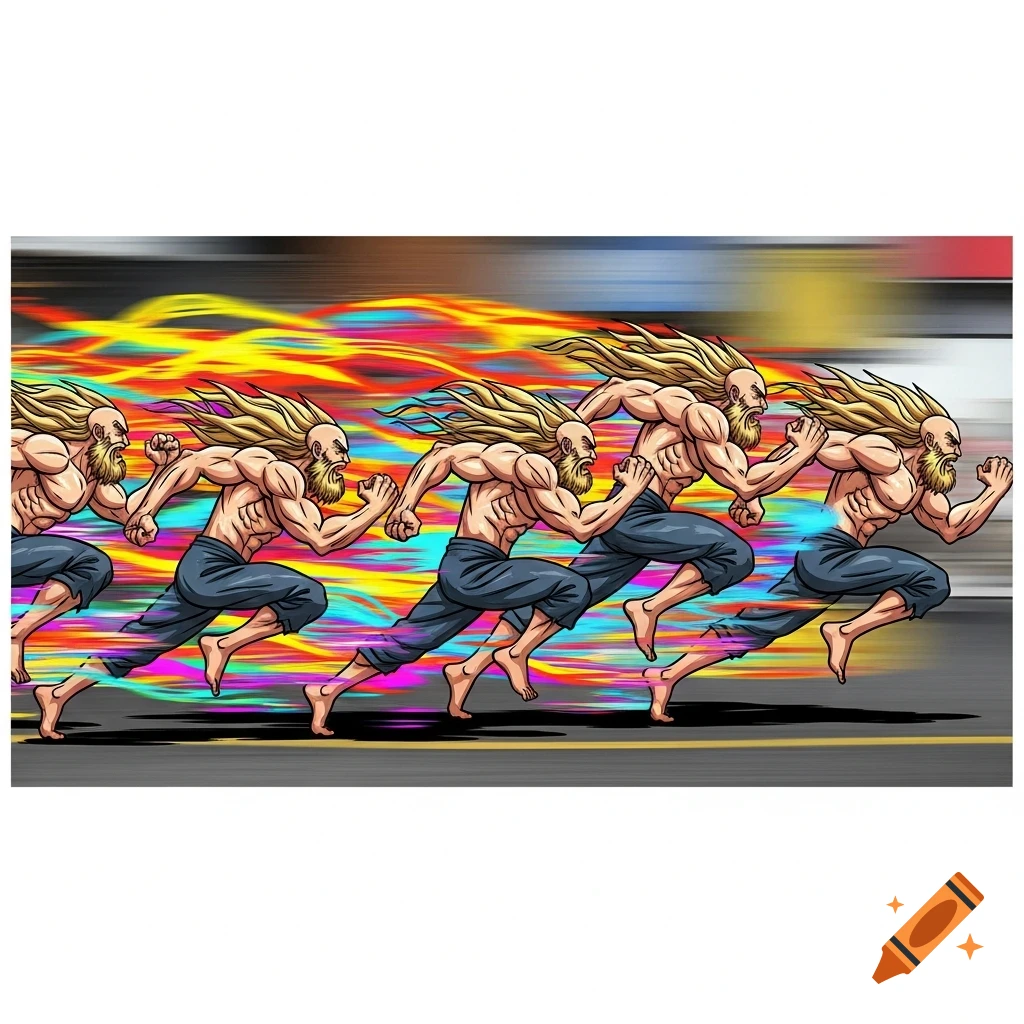 Multiple anime-style figures with beards and long blonde hair are shown mid-run, surrounded by vibrant, colorful speed lines, depicting motion.