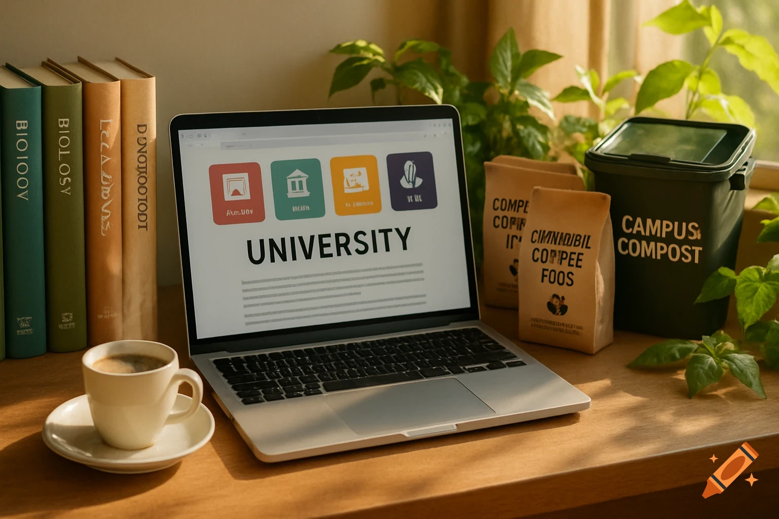 Photorealistic image of a university study desk with a laptop displaying "UNIVERSITY", textbooks, coffee, and a campus compost bin.