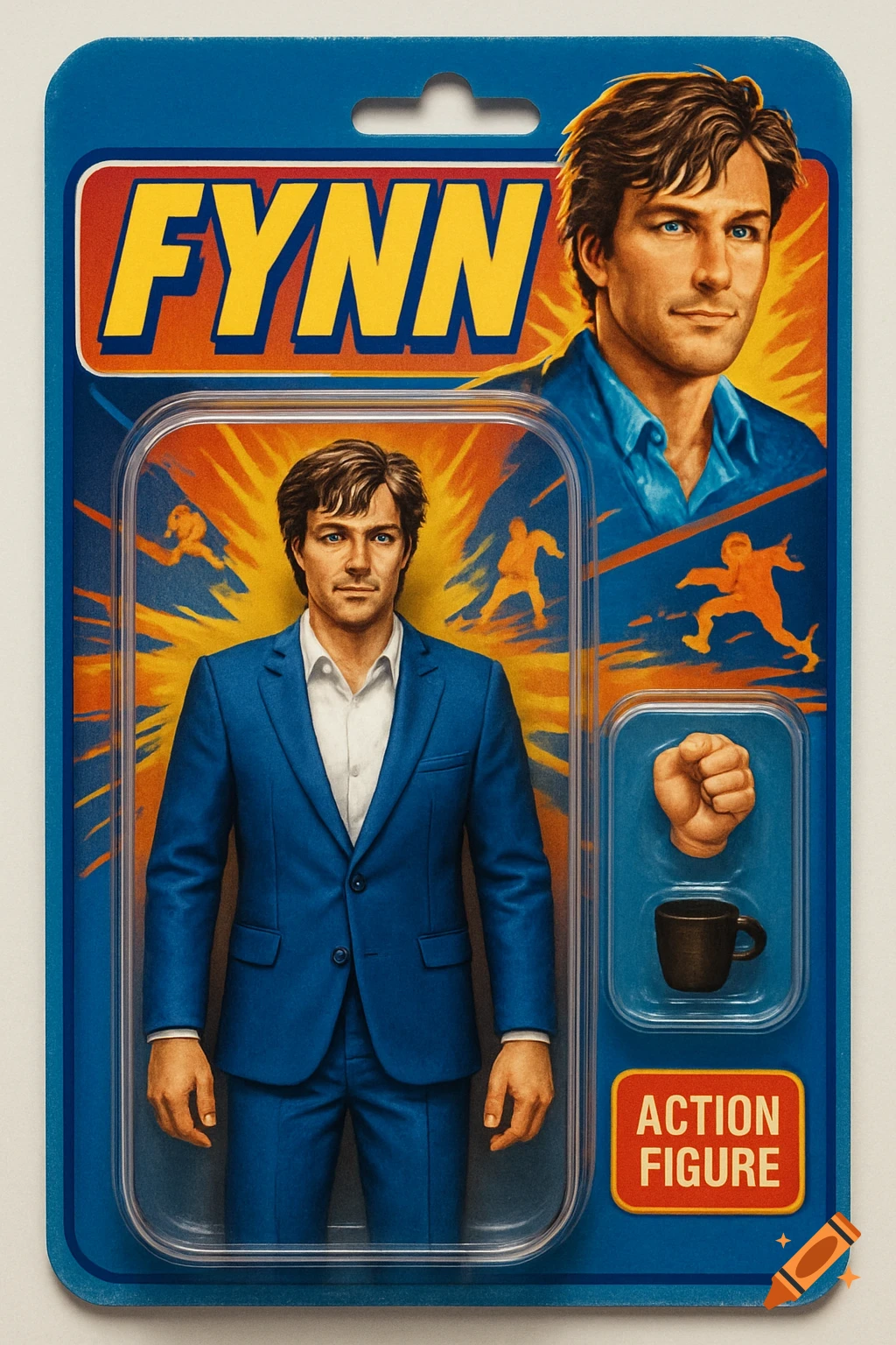 A man with brown hair and blue eyes, wearing a blue suit, packaged as an action figure with accessories and a portrait on the card.