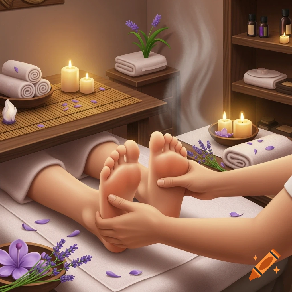 Hands massaging feet in a serene spa setting with lit candles, lavender, and white towels.