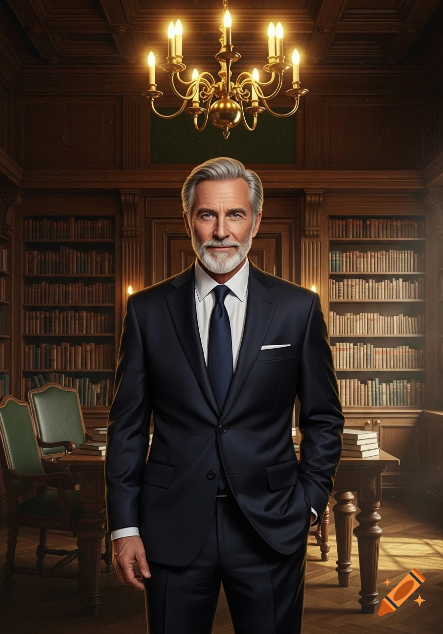 A distinguished older man with gray hair and a beard, wearing a dark suit, stands in a grand library.