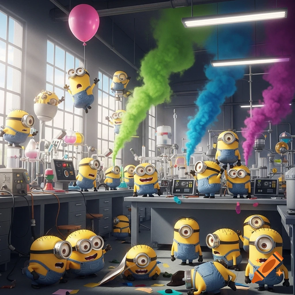 Many cartoon Minions are running around a science laboratory, making colorful smoke plumes rise from lab equipment.
