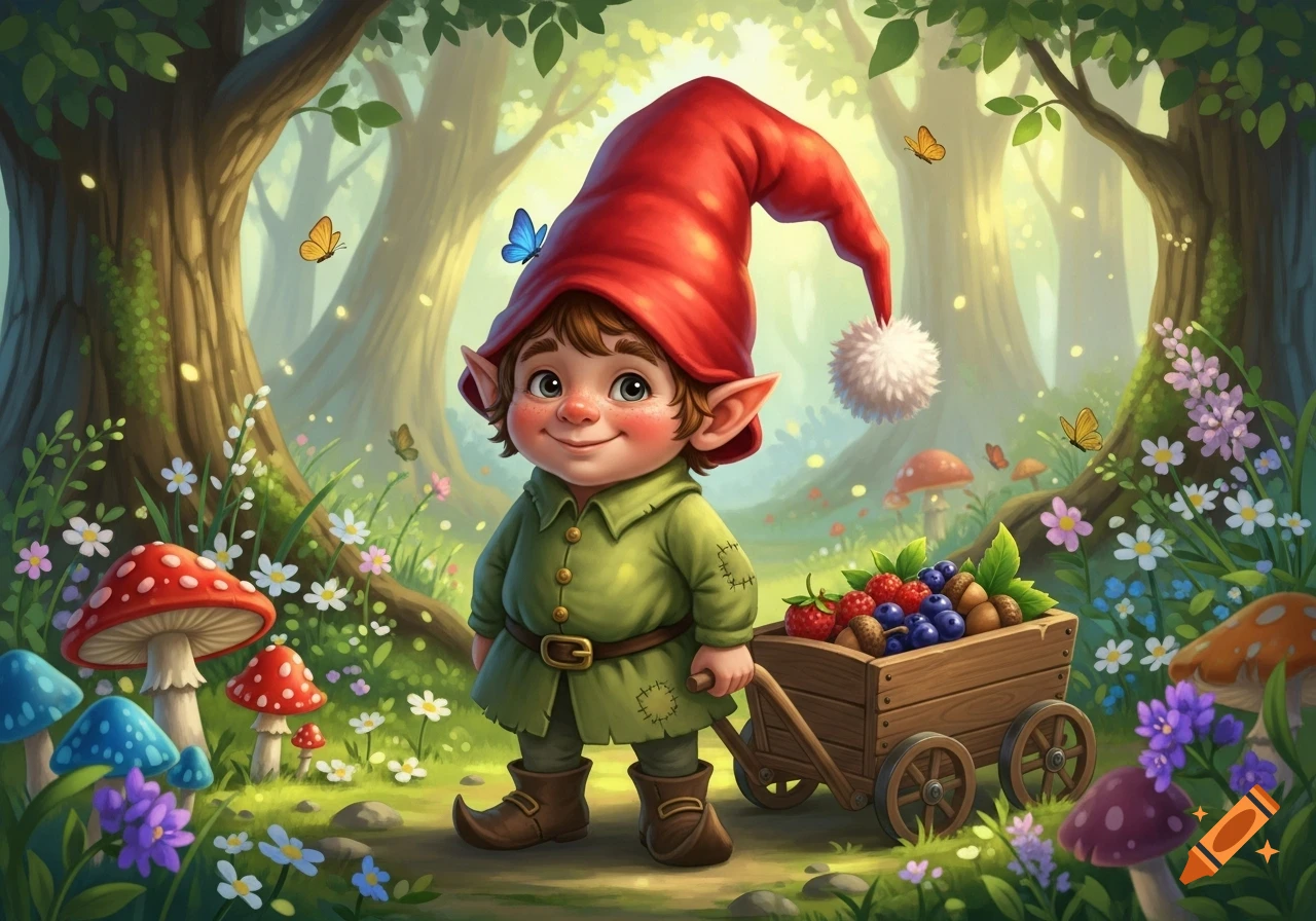 A cute, smiling gnome in a red hat pulls a cart of berries and acorns through a vibrant, magical forest with mushrooms and butterflies.