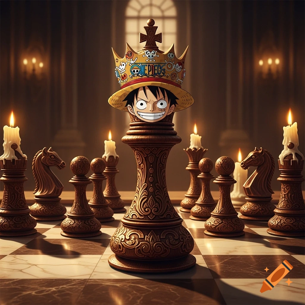 An ornate wooden king chess piece wears Luffy's straw hat with his smiling face, surrounded by other chess pieces and candles in a grand room.