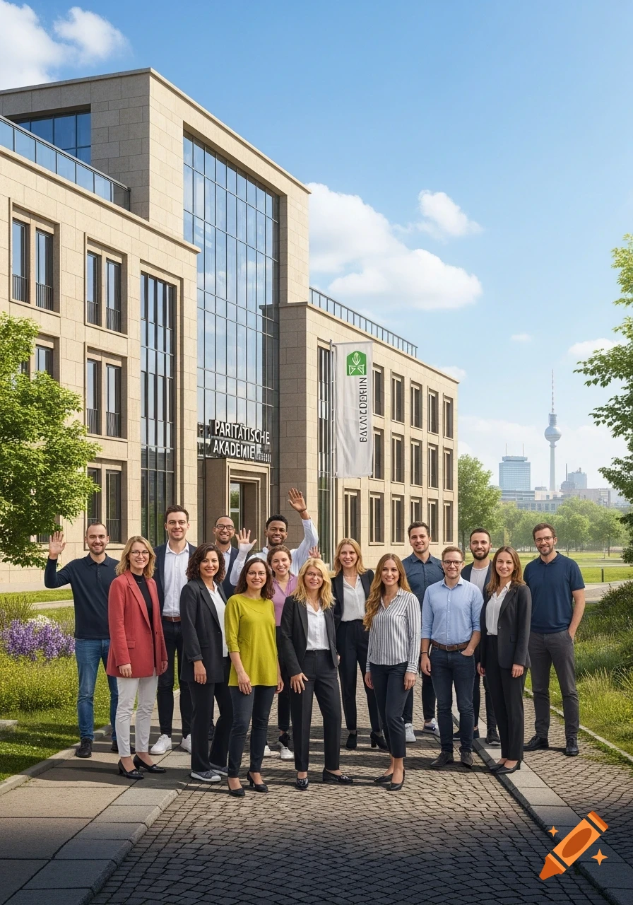 A diverse group of employees stands and waves in front of a modern stone and glass building, with the Berlin TV tower visible in the distance.