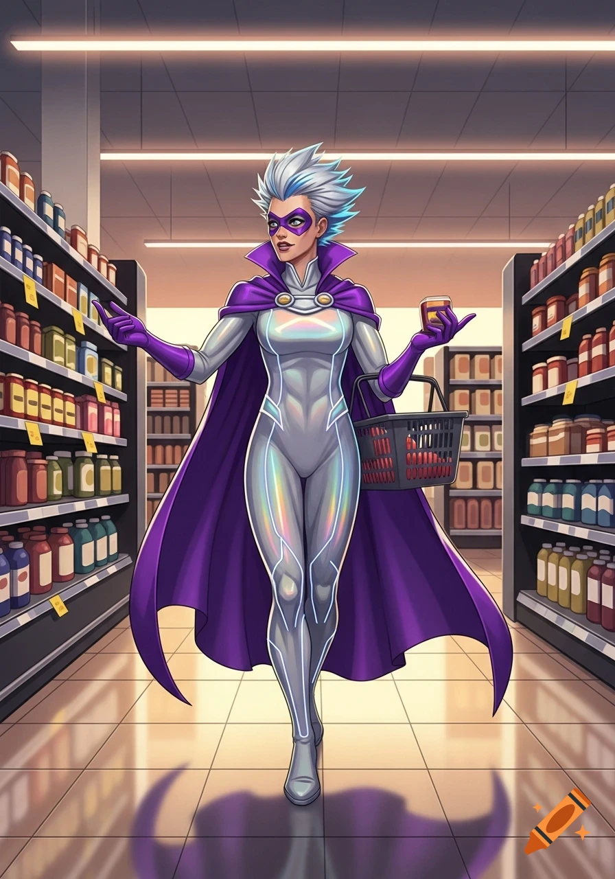 Comic art of a female superhero in a shiny white suit and purple cape, shopping in a supermarket aisle.