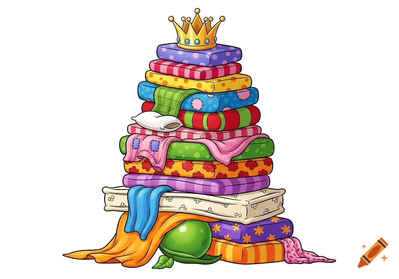A tall stack of colorful mattresses in a cartoon style, topped with a golden crown, and a large green pea nestled at the bottom.
