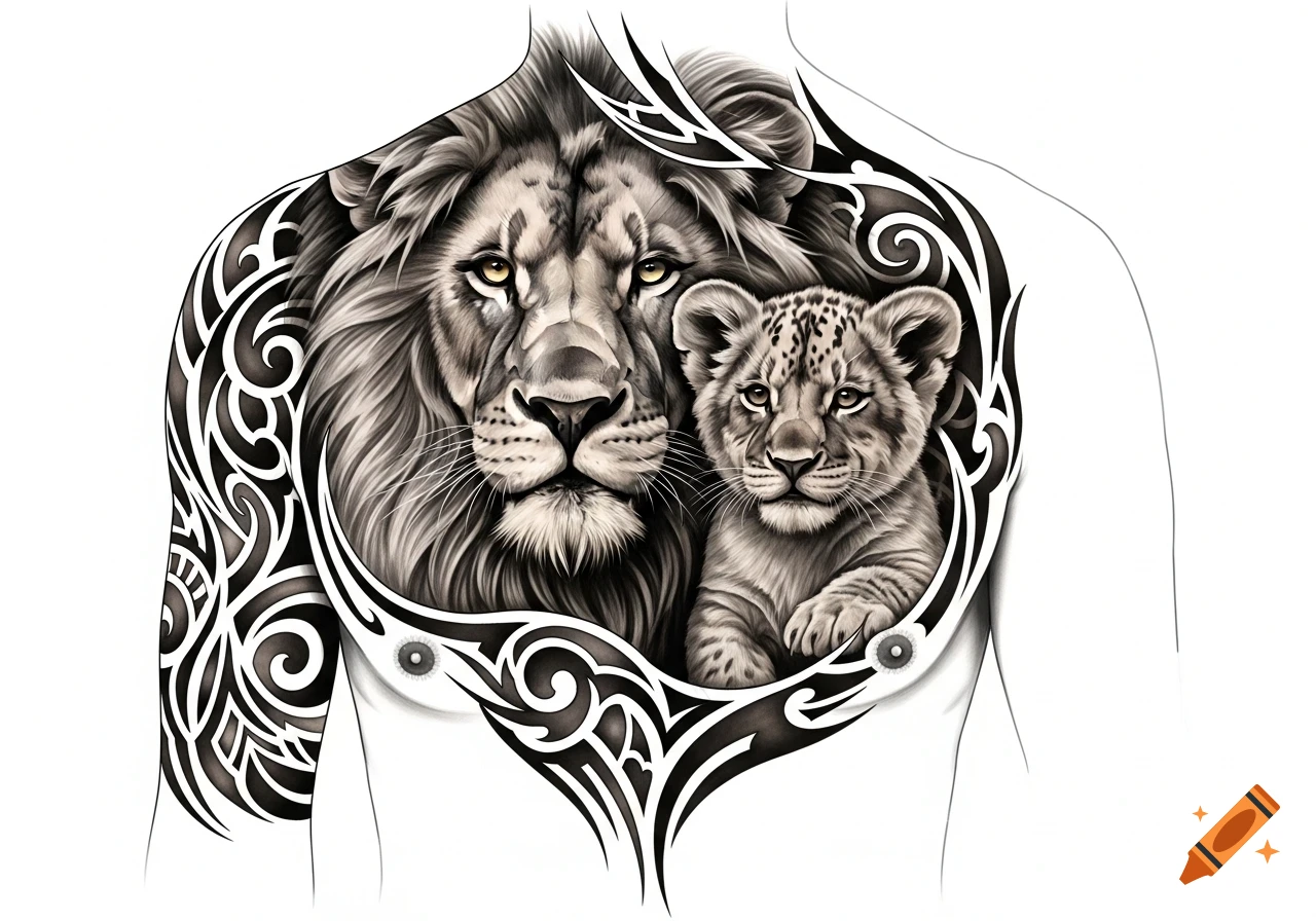 Black and gray lion and cub tattoo design with tribal patterns on a stylized torso.