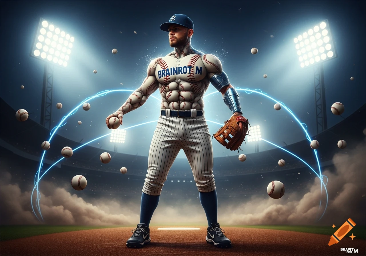 A hyper-muscular baseball player with baseball-textured skin and "BRAINROT M" on his chest stands on a stadium field with glowing blue energy and floating baseballs.