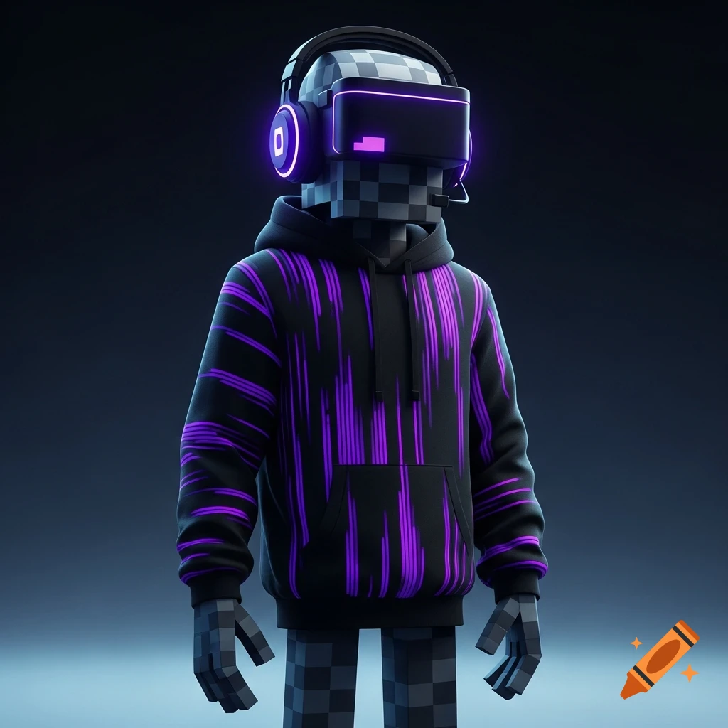 Blocky character in a black hoodie with glowing purple stripes, VR headset, and headphones against a dark background, digital art.