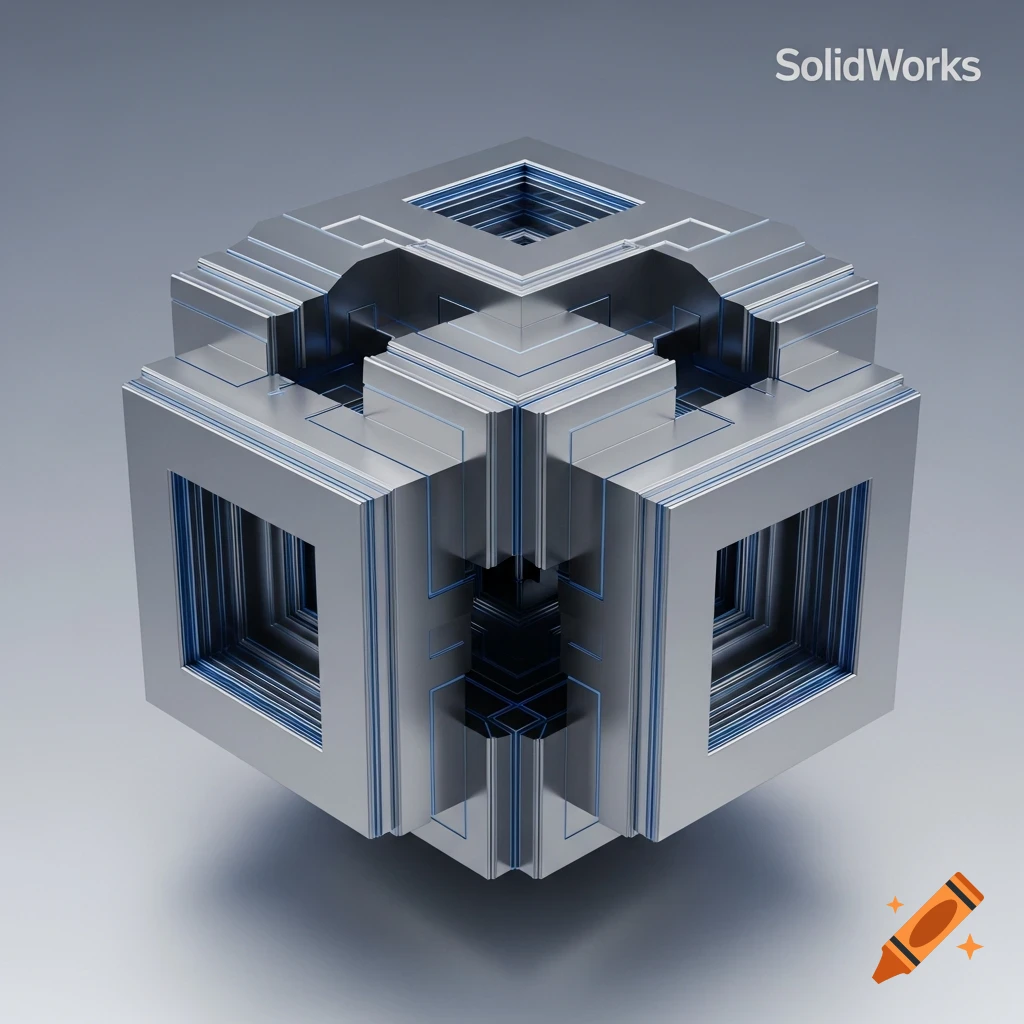 A metallic cube with multiple extrusions creating a complex, layered geometric design with blue accents, against a grey background.