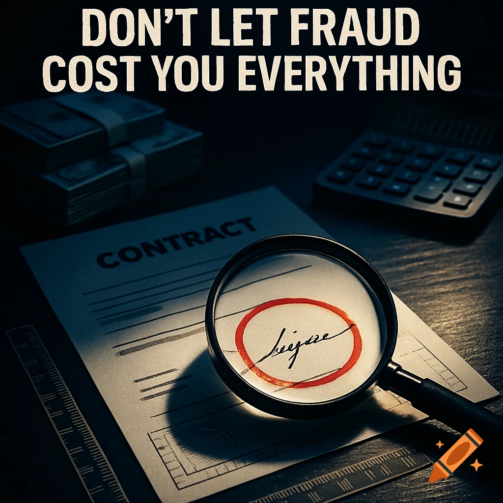 A business contract on a desk, a magnifying glass over a red-circled signature. Money and a calculator are in the background. Text: 'DON'T LET FRAUD COST YOU EVERYTHING'.