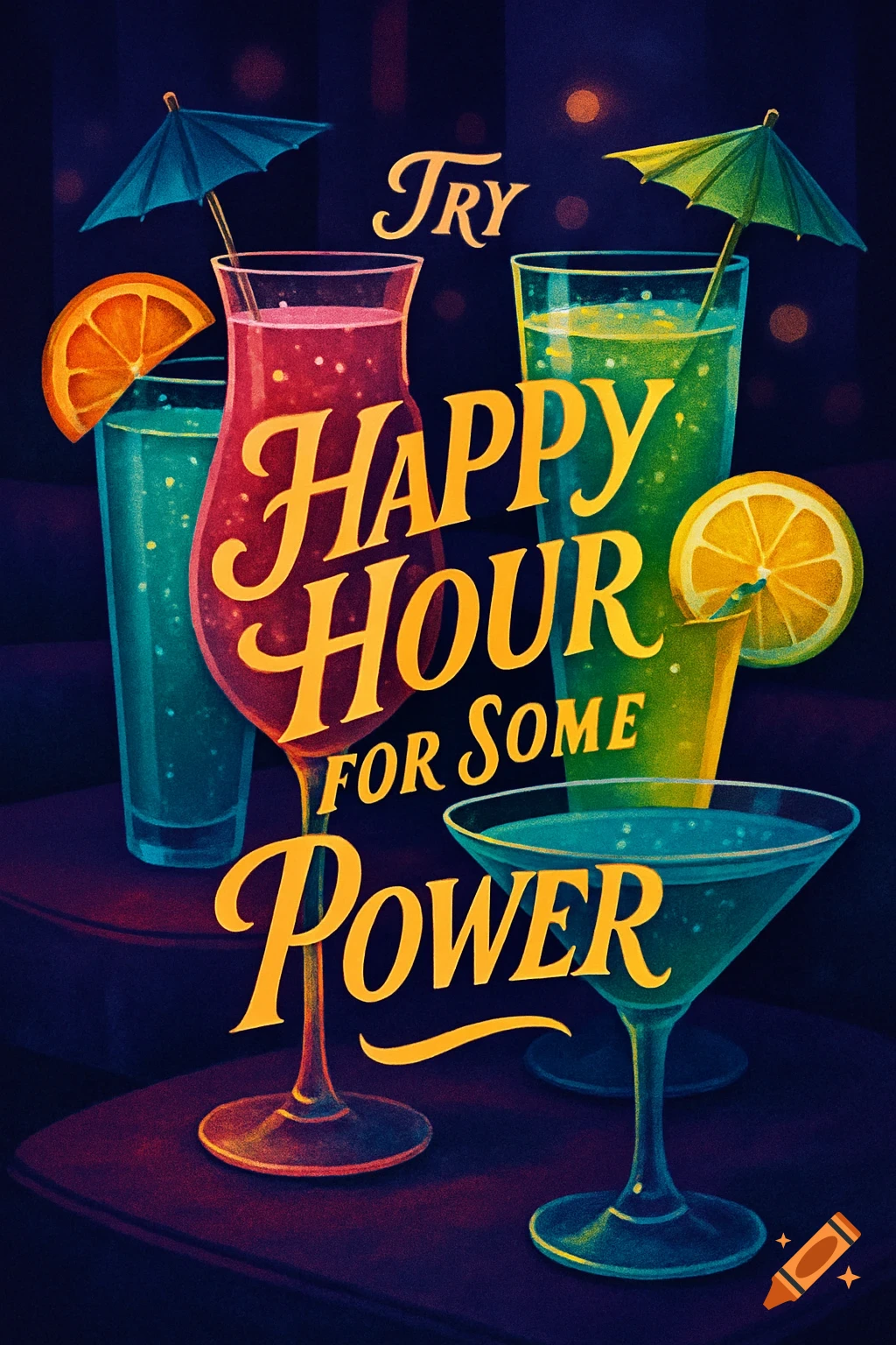 A vibrant, stylized poster featuring four colorful cocktails with garnishes, and bold text that reads "TRY HAPPY HOUR FOR SOME POWER".