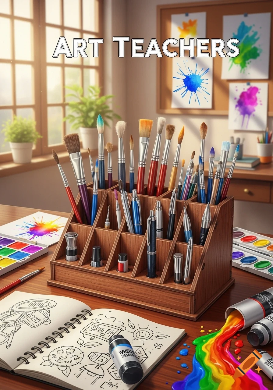 A wooden art organizer on a desk, filled with paint brushes and pens, with 'ART TEACHERS' text above. Watercolor palettes, a sketchpad, and spilled rainbow paint are also visible.
