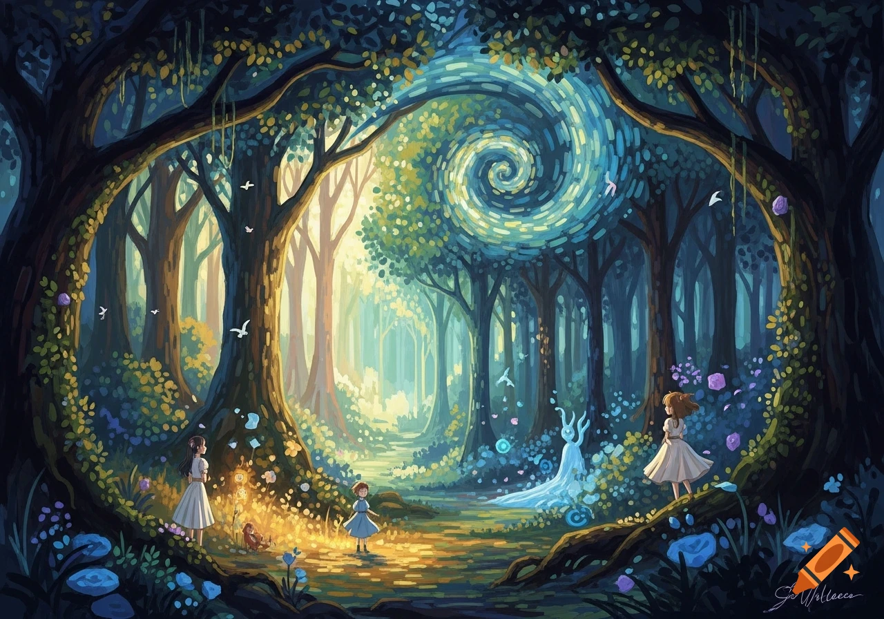 A vibrant fantasy illustration of a magical forest with glowing trees, a swirling blue light, and small figures including children and a spirit.