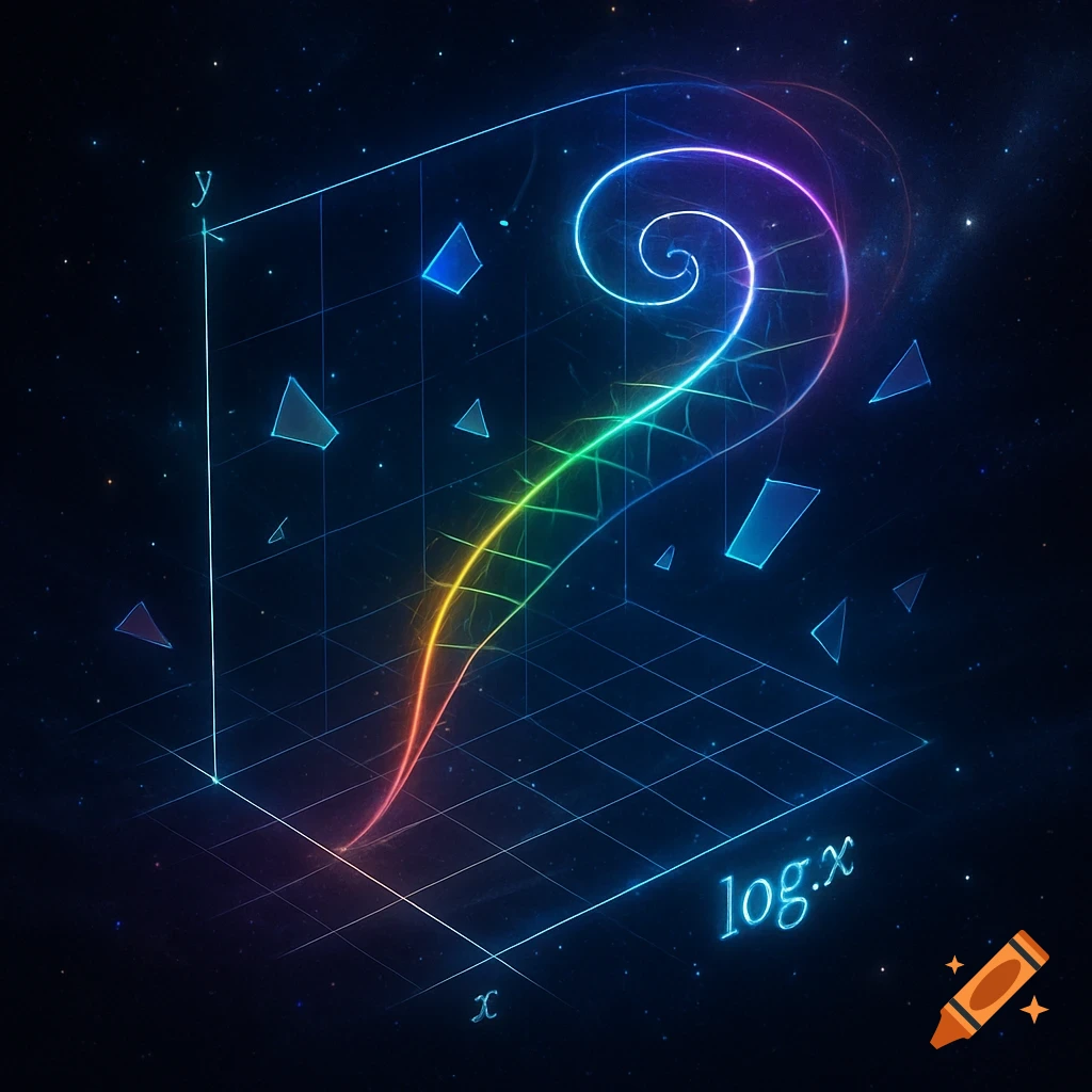 Glowing rainbow logarithmic spiral on a 3D coordinate system against a starry dark background.