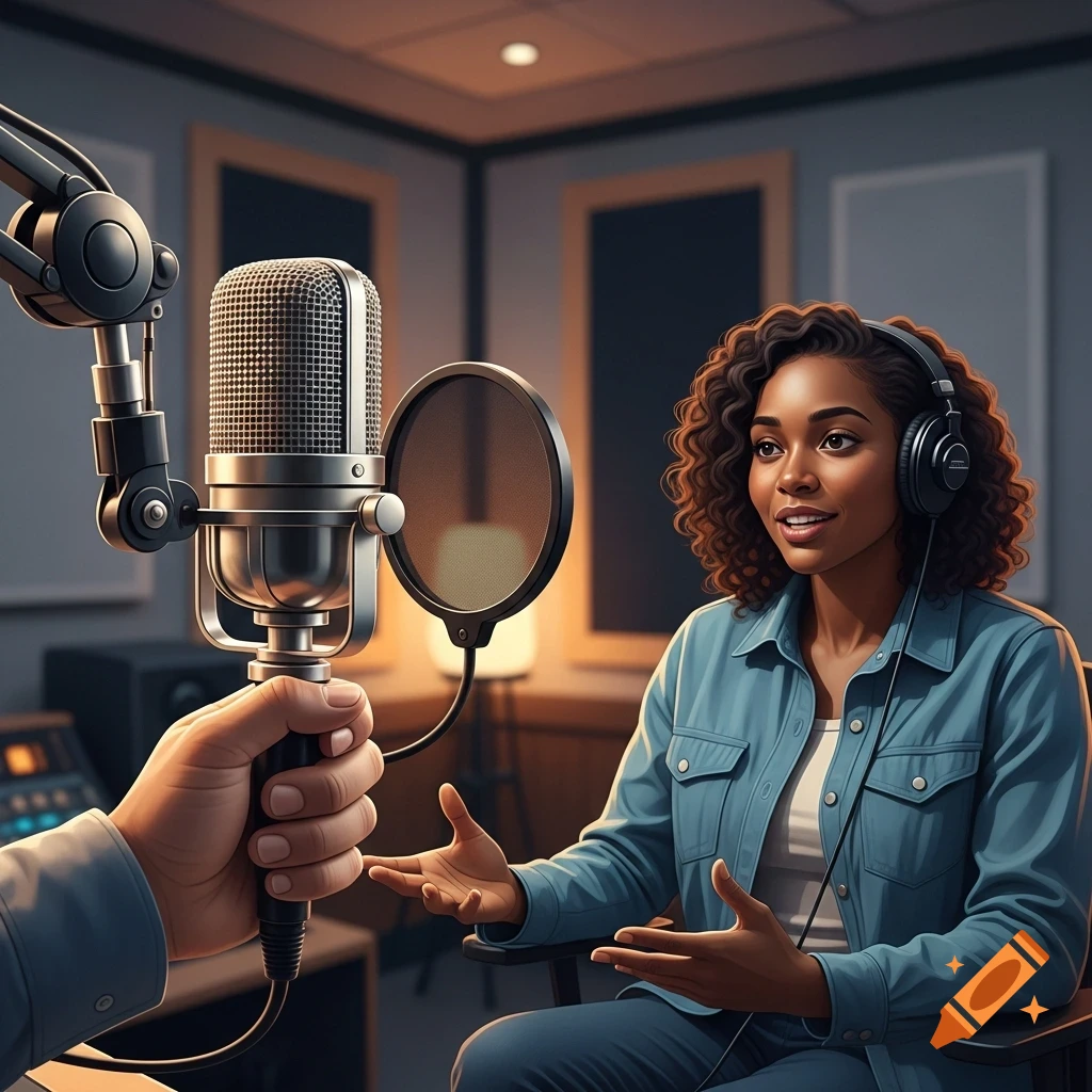 A young woman wearing headphones speaks into a large microphone, gesturing with her hands in a recording studio.
