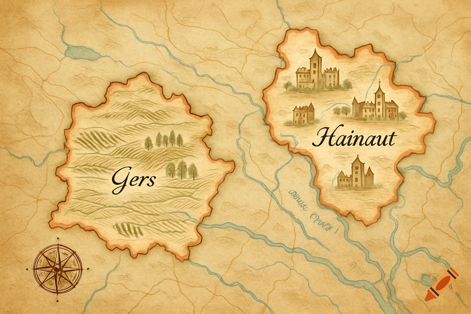 An old-style fantasy map showing two regions, Gers with fields and trees, and Hainaut with castles, on a light brown parchment background with rivers and a compass rose.