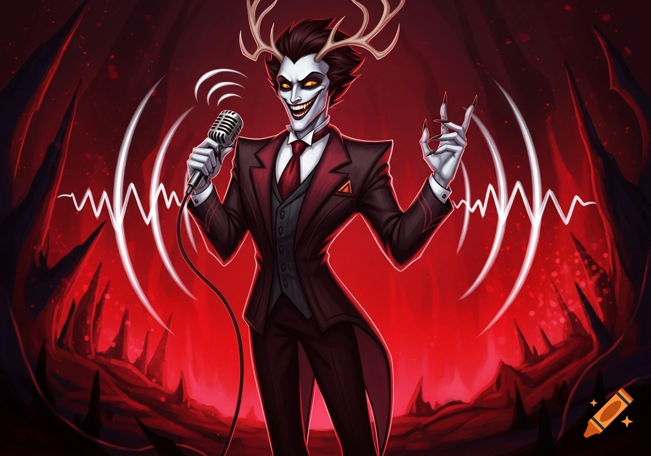 Alastor, a demonic character with antlers and sharp teeth, wears a suit and tie, singing into a vintage microphone while making a rock-and-roll gesture in a hellish red background with sound waves.