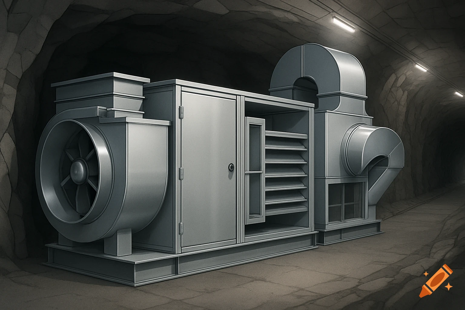 A large, gray industrial air ventilation system with ducts and a fan, sitting on a concrete floor inside a dark, rocky mineshaft with overhead lights.