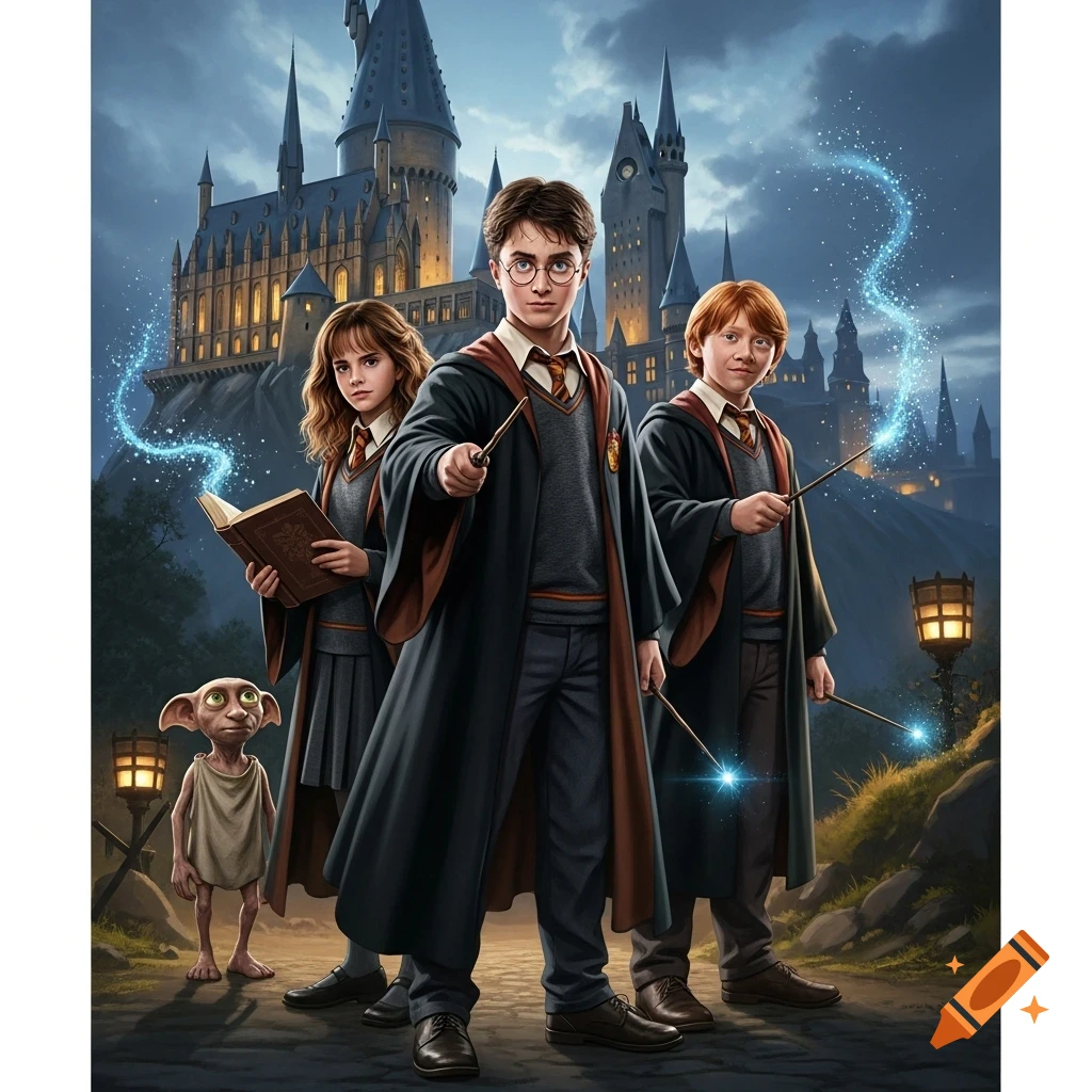 Harry Potter, Hermione, Ron, and Dobby stand in front of Hogwarts Castle at dusk, with Harry and Ron holding glowing wands and Hermione holding a book, in an illustrated style.