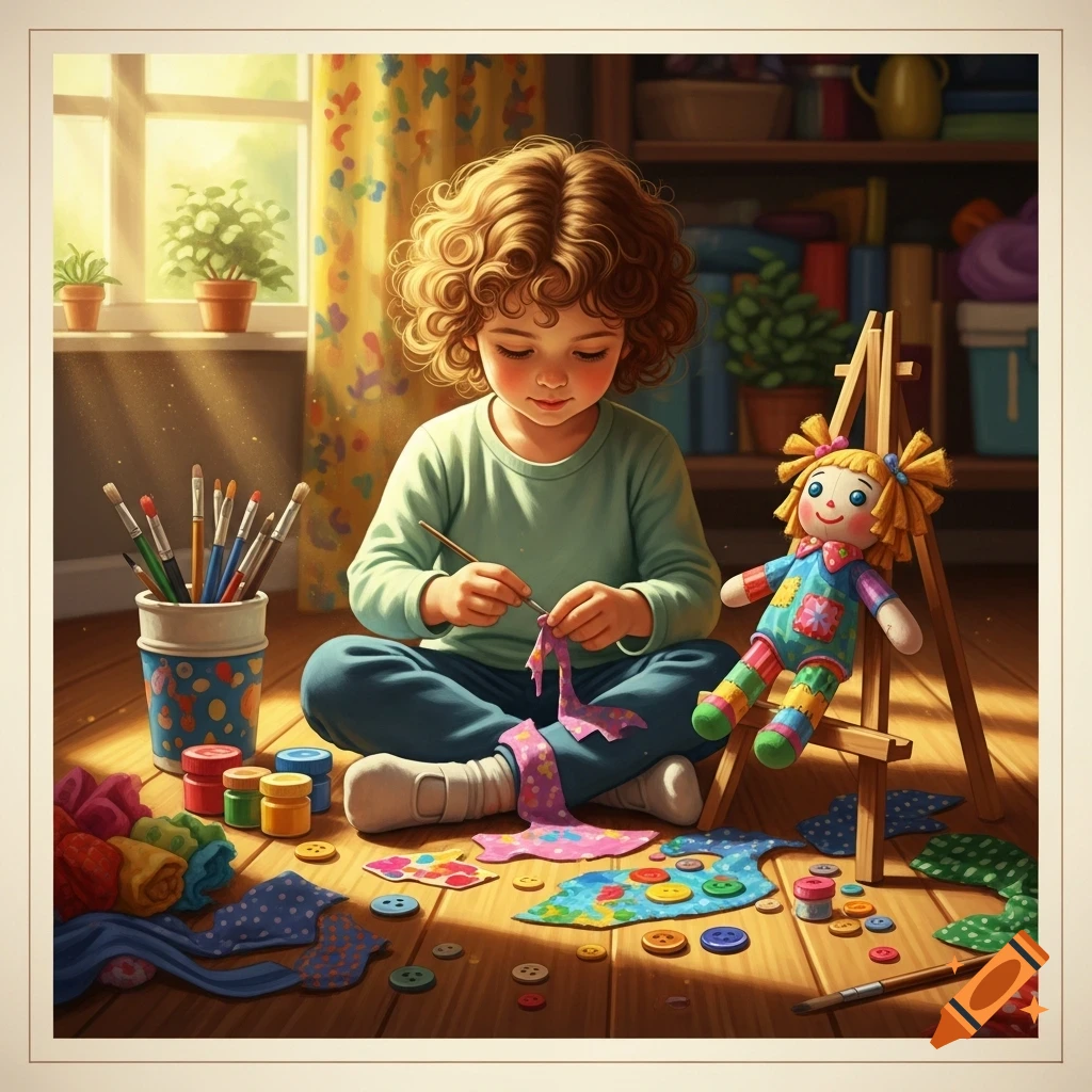 A child with curly brown hair sits on a wooden floor, focused on a craft project, surrounded by colorful fabrics, buttons, and a yarn doll on an easel. Illustrative style.