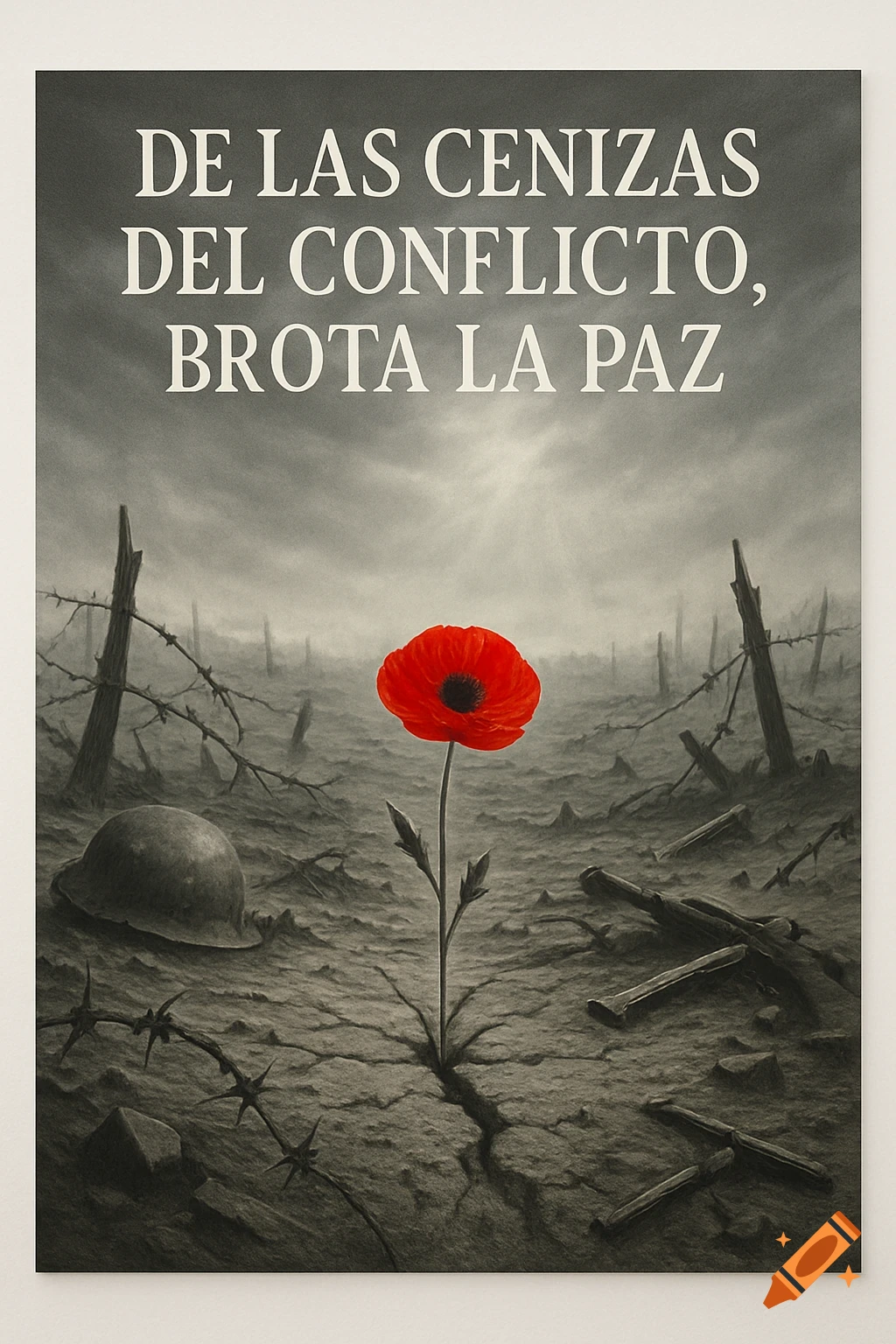 A vibrant red poppy grows in a desolate, grayscale battlefield with a helmet and barbed wire, under text in Spanish.