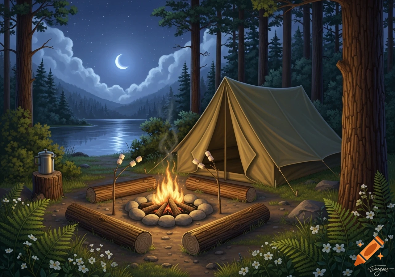 An idyllic, illustrated night camping scene by a lake with a tent, roaring campfire, roasting marshmallows, and a crescent moon in a starry sky.
