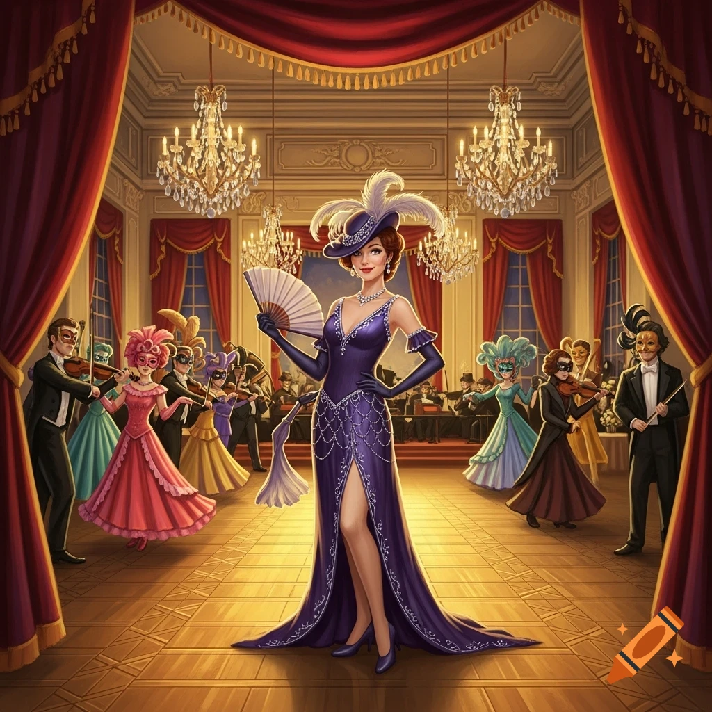 Elegant woman in a purple gown and feathered hat with a fan at a grand masquerade ball, surrounded by masked guests and musicians, illustrated.