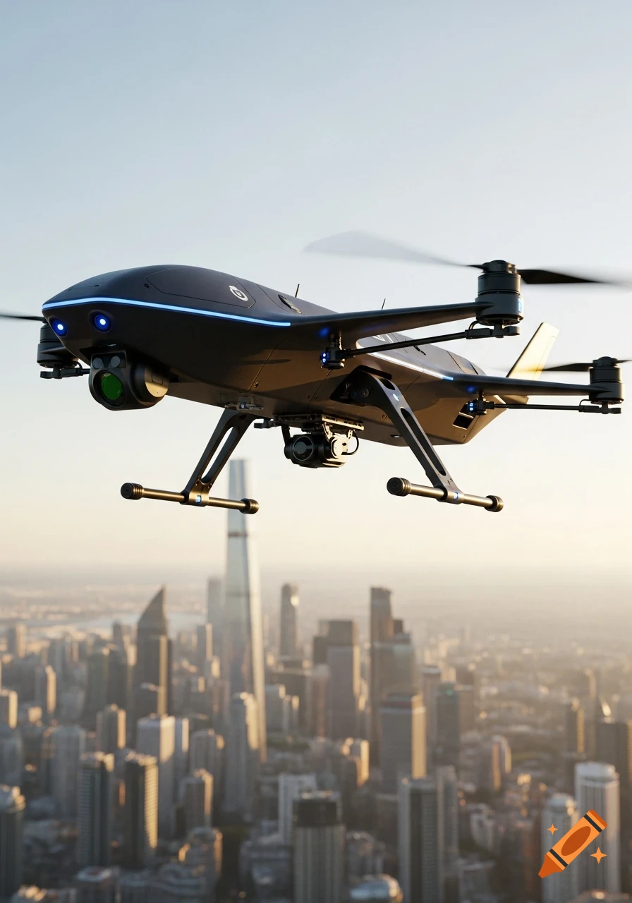 A black, sleek drone with blue lights flies above a blurred city skyline with a tall skyscraper, in a photorealistic style.