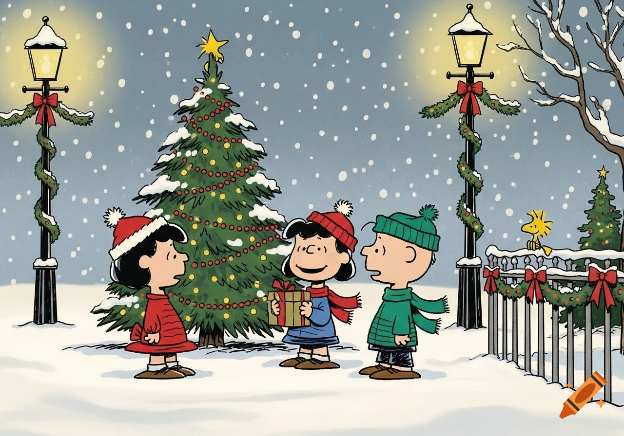 Peanuts characters Lucy, Charlie Brown, and Linus exchange gifts in a snowy Christmas scene with decorated trees and street lamps.