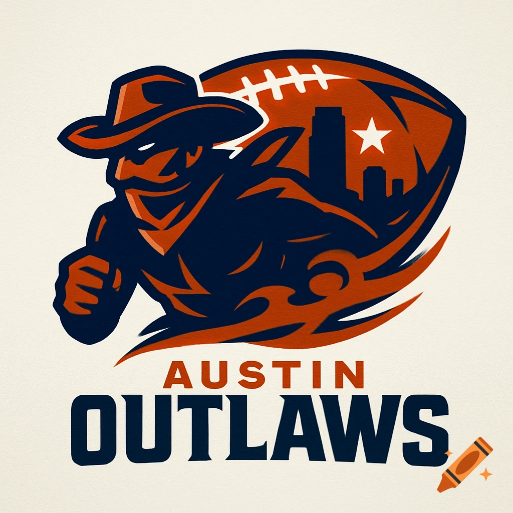 A football team logo with a masked cowboy, a football, a cityscape, and the text 'Austin Outlaws' in dark blue and orange.