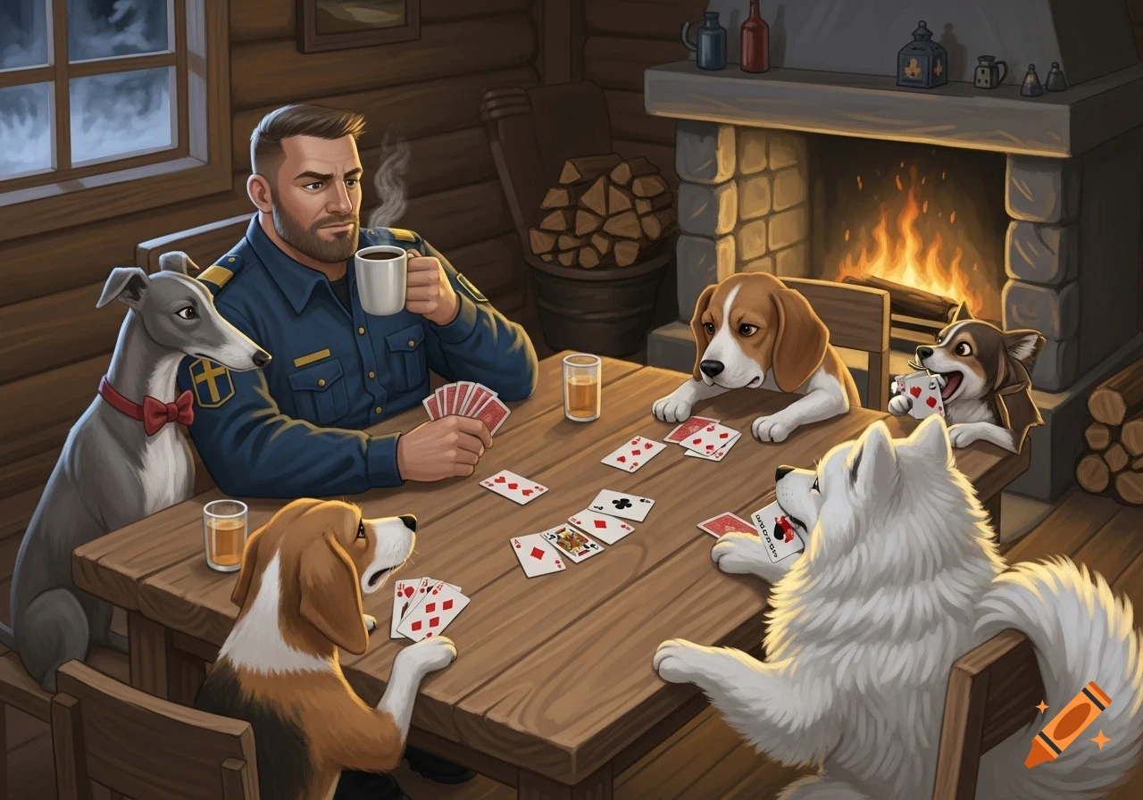 An illustration of a man and four dogs playing cards around a wooden table in a cozy cabin by a fireplace.