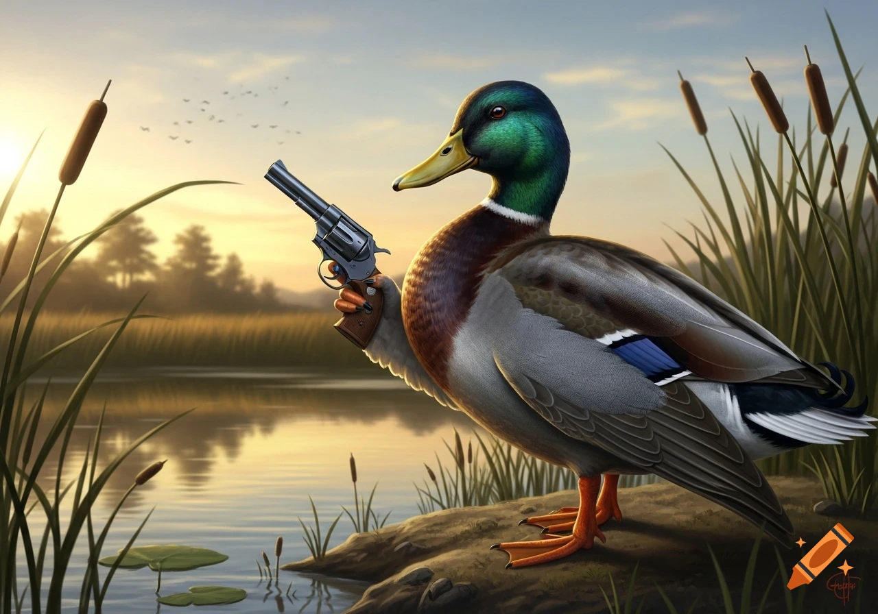 A photorealistic mallard duck stands on a rock by a lake at sunset, holding a revolver.
