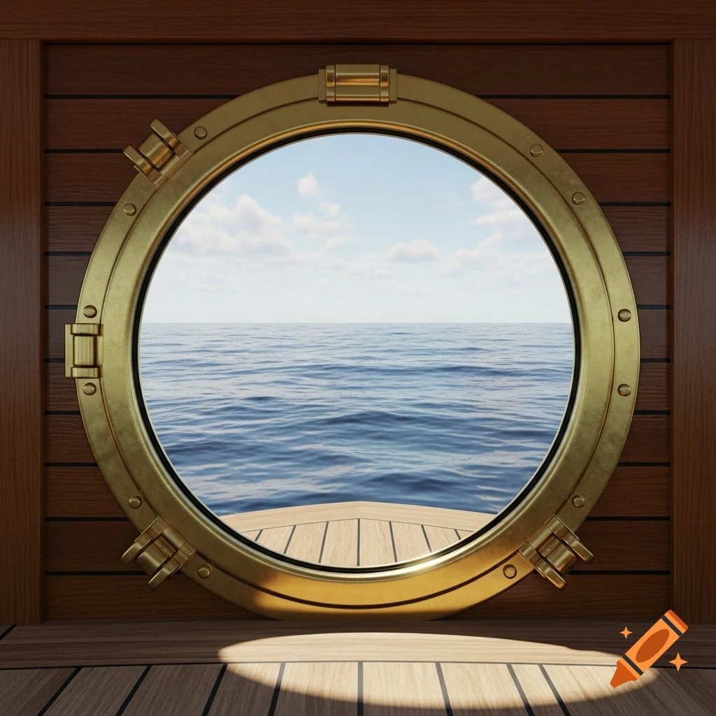 A photorealistic image from inside a boat showing a brass porthole with a view of the vast blue ocean and a cloudy sky.