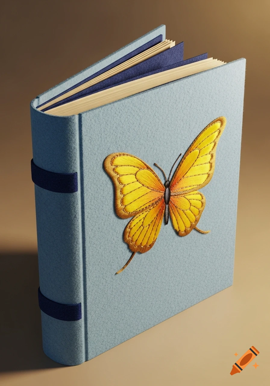 A light blue felt book with a vibrant yellow embroidered butterfly on its cover, featuring dark blue inner pages.