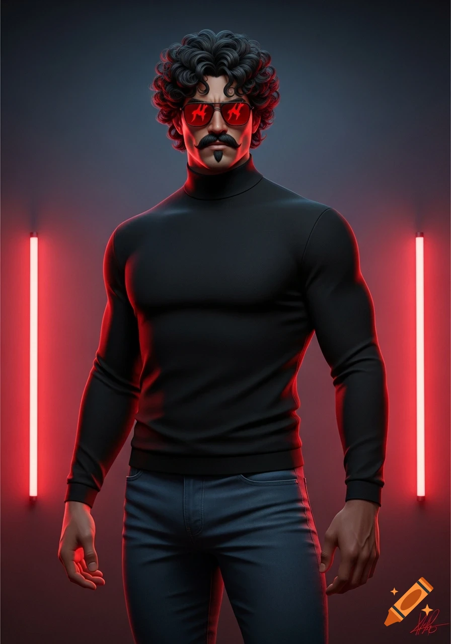 A stylized man with curly black hair, a mustache, and a goatee, wearing a black turtleneck, jeans, and red sunglasses with a red symbol.
