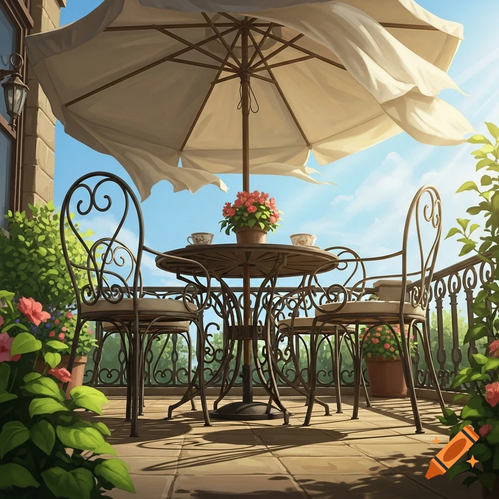 A painted balcony scene with a wrought iron table and chairs under a white umbrella, surrounded by plants on a sunny day.