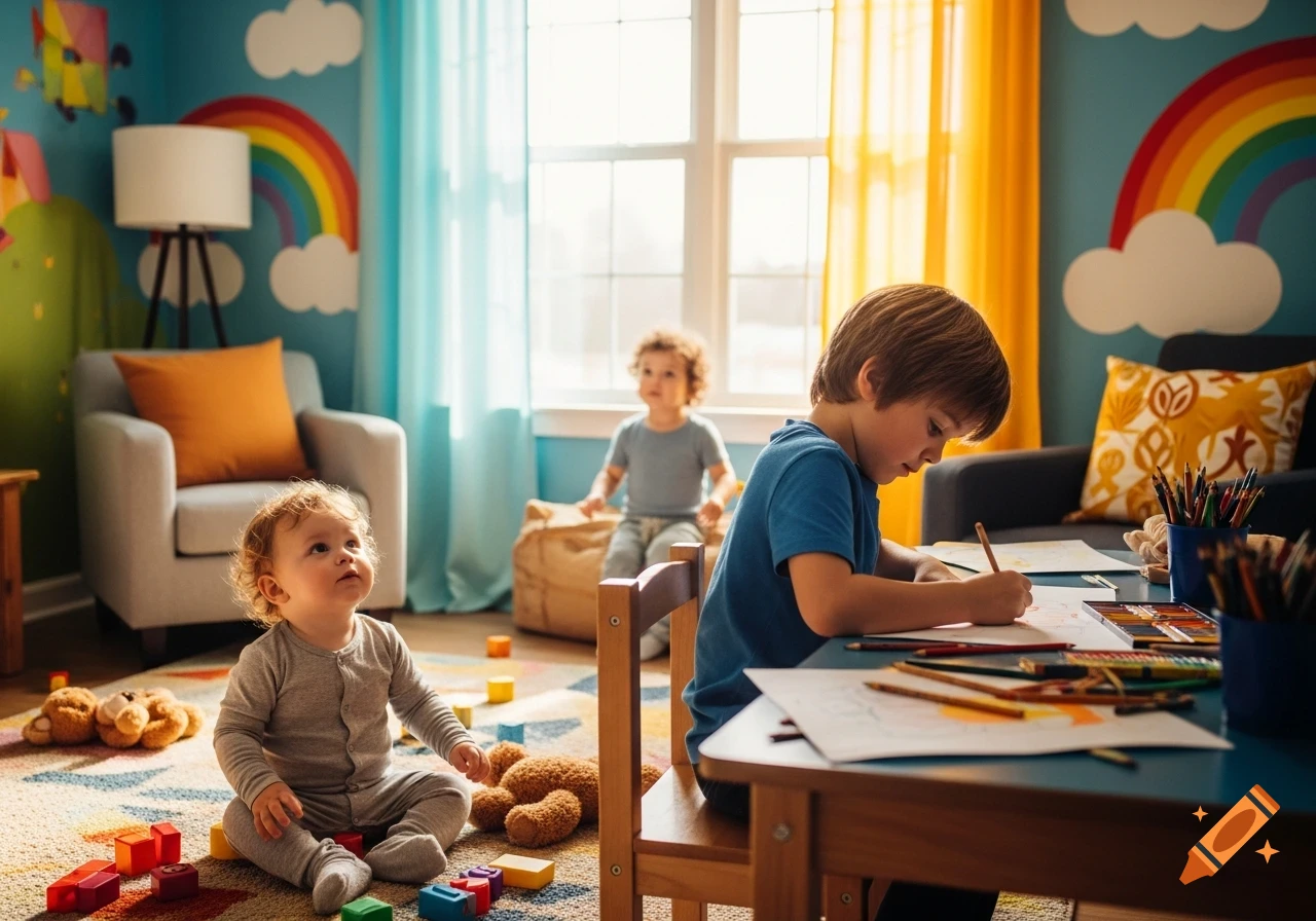 Three young boys play in a bright, colorful playroom with rainbow murals. One boy draws at a table while a toddler sits on the carpet.